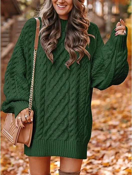 Ilse | Women's Oversized Cable Knit Sweater Dress - Puff Sleeve
