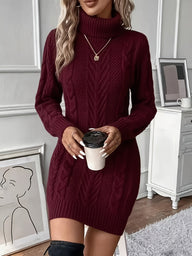 Mena | Women's Chunky Cable Knit Turtleneck Sweater Dress