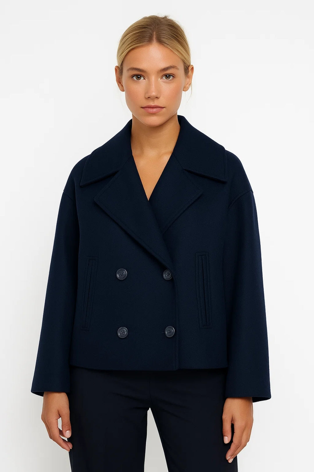 Tova | Women's Cropped Wool Peacoat - Wide Lapel Double Breasted Coat