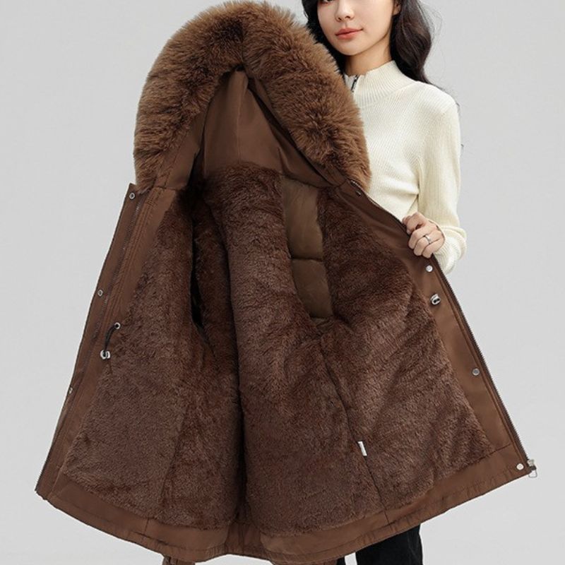 Crystal | Women's Faux Fur Hooded Parka Jacket - Plush Lined Cinched Waist