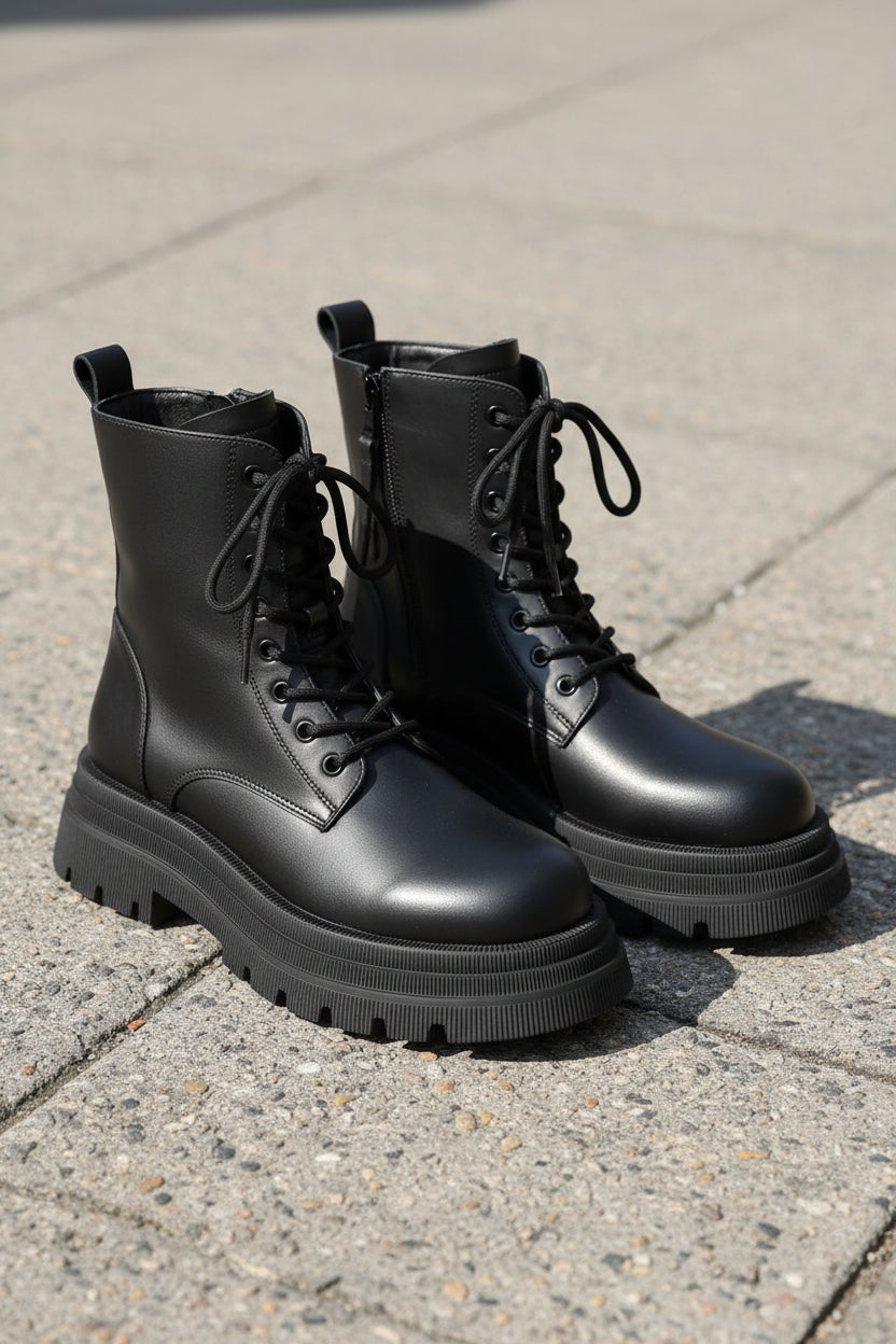 Emma | Rugged Leather Lace-Up Winter Boots with Chunky Platform Sole