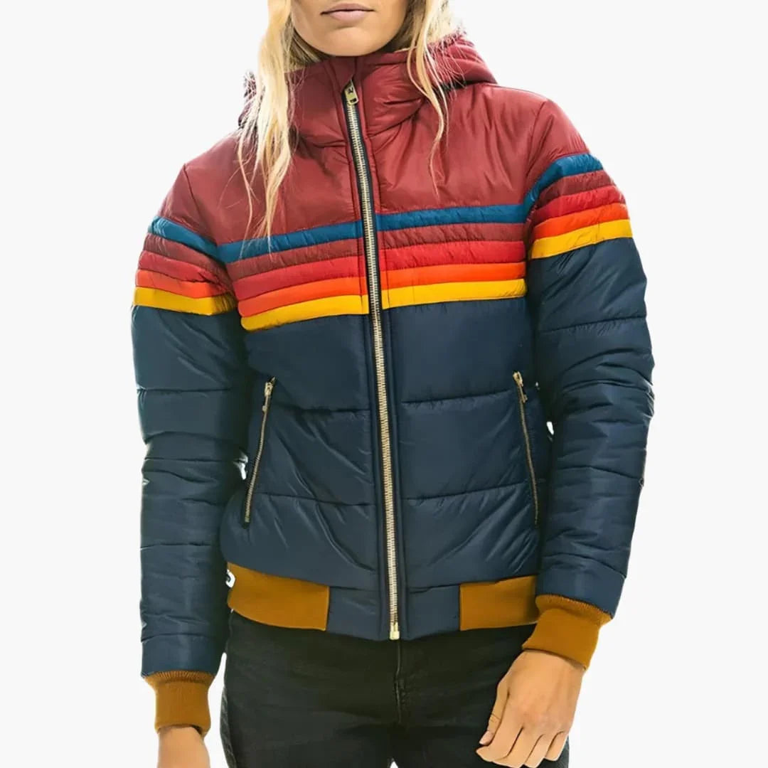 Everly | Bold Colorblock Puffer Jacket with Rainbow Stripe Panel