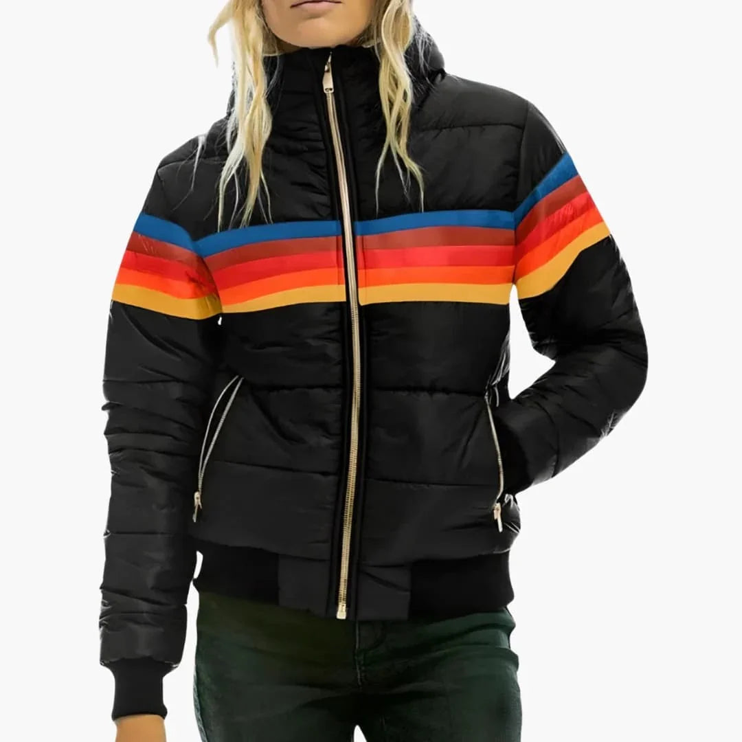 Everly | Bold Colorblock Puffer Jacket with Rainbow Stripe Panel