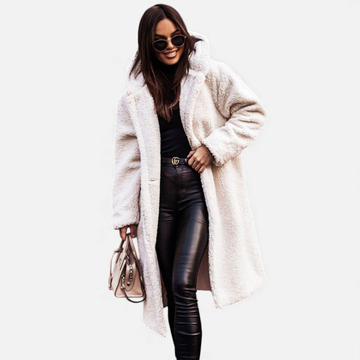 Fera | Women's Oversized Long Faux Fur Coat - Hooded Open Front