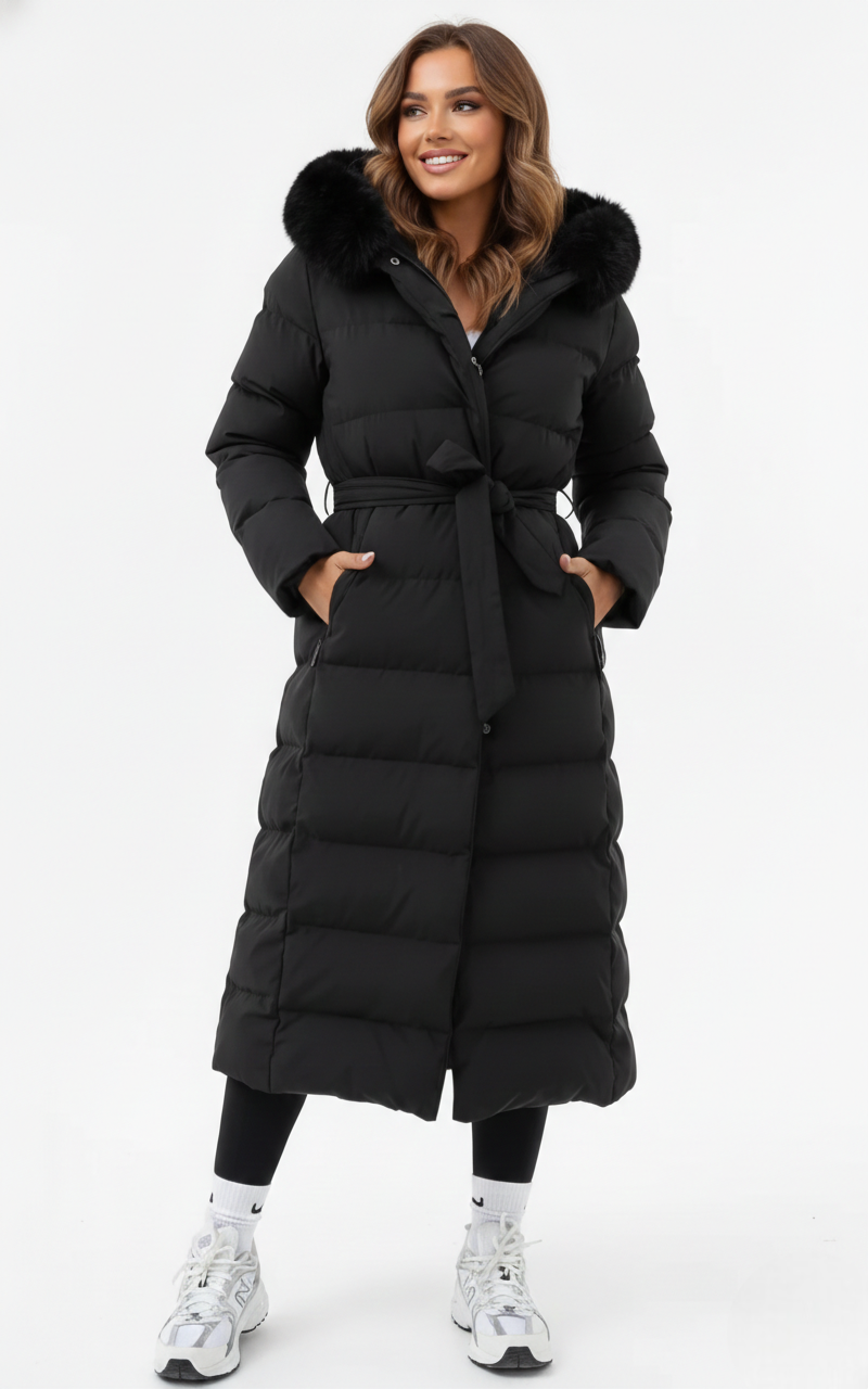 Freva | Women's Long Puffer Coat with Faux Fur Hood and Belt
