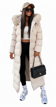 Freva | Women's Long Puffer Coat with Faux Fur Hood and Belt