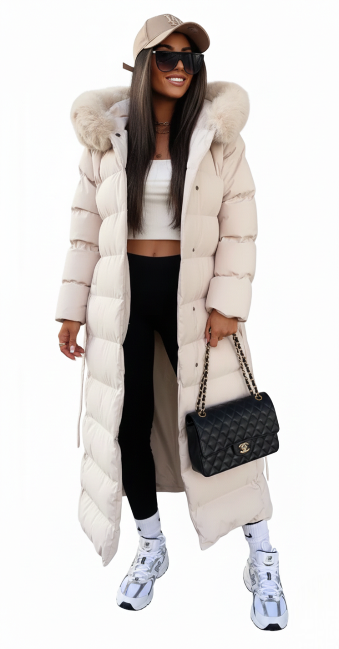 Freva | Women's Long Puffer Coat with Faux Fur Hood and Belt