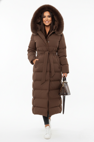 Freva | Women's Long Puffer Coat with Faux Fur Hood and Belt