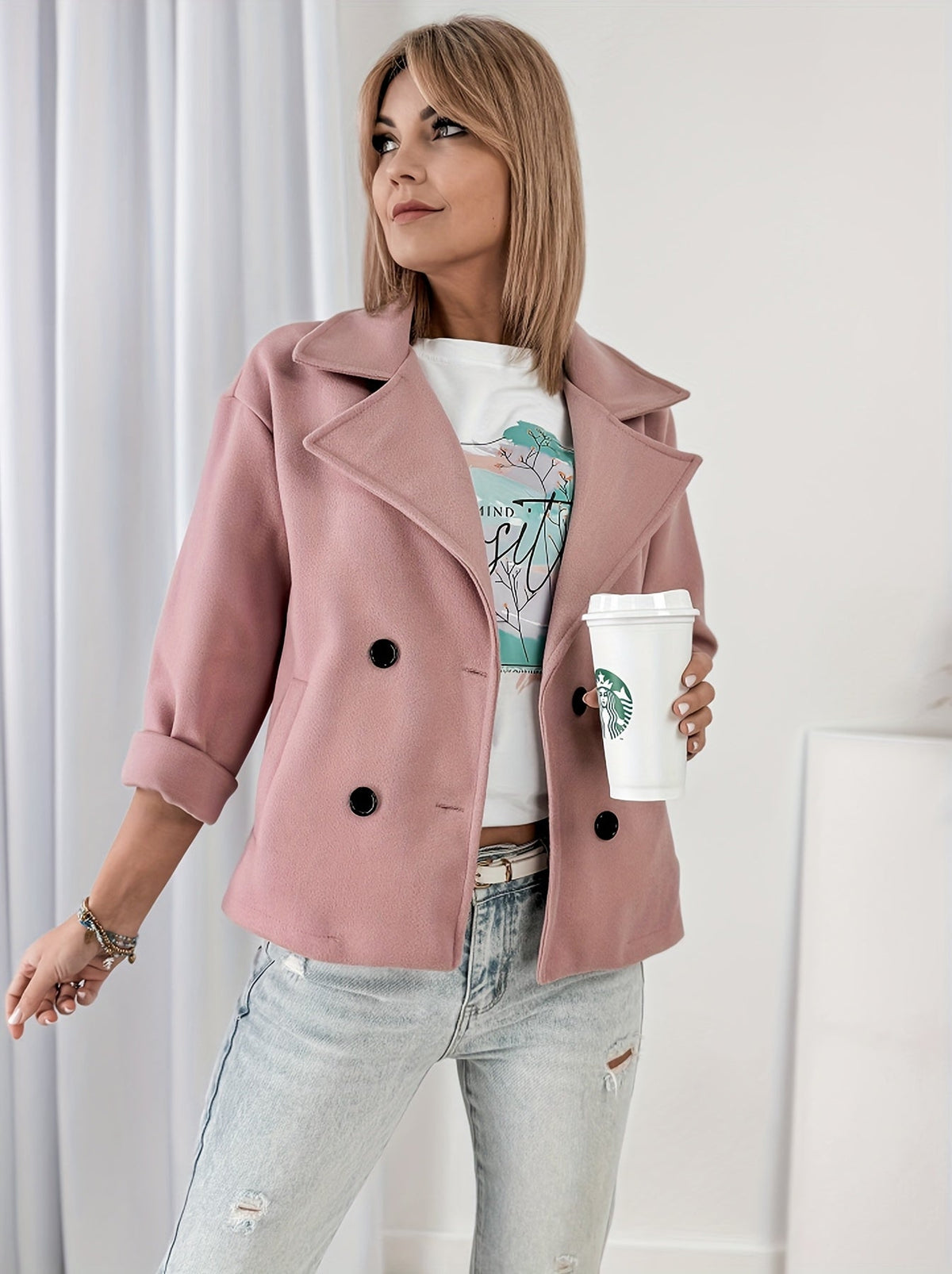 Genevieve | Effortless Cropped Pea Coat with Notched Lapel
