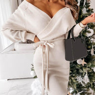 Ilva | Women's Knit Wrap Sweater Dress - V Neck Belted Batwing Sleeve