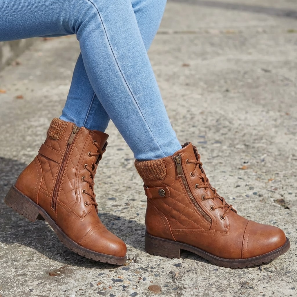 Hazel | Women's Leather Ankle Boots - Quilted Lace Up