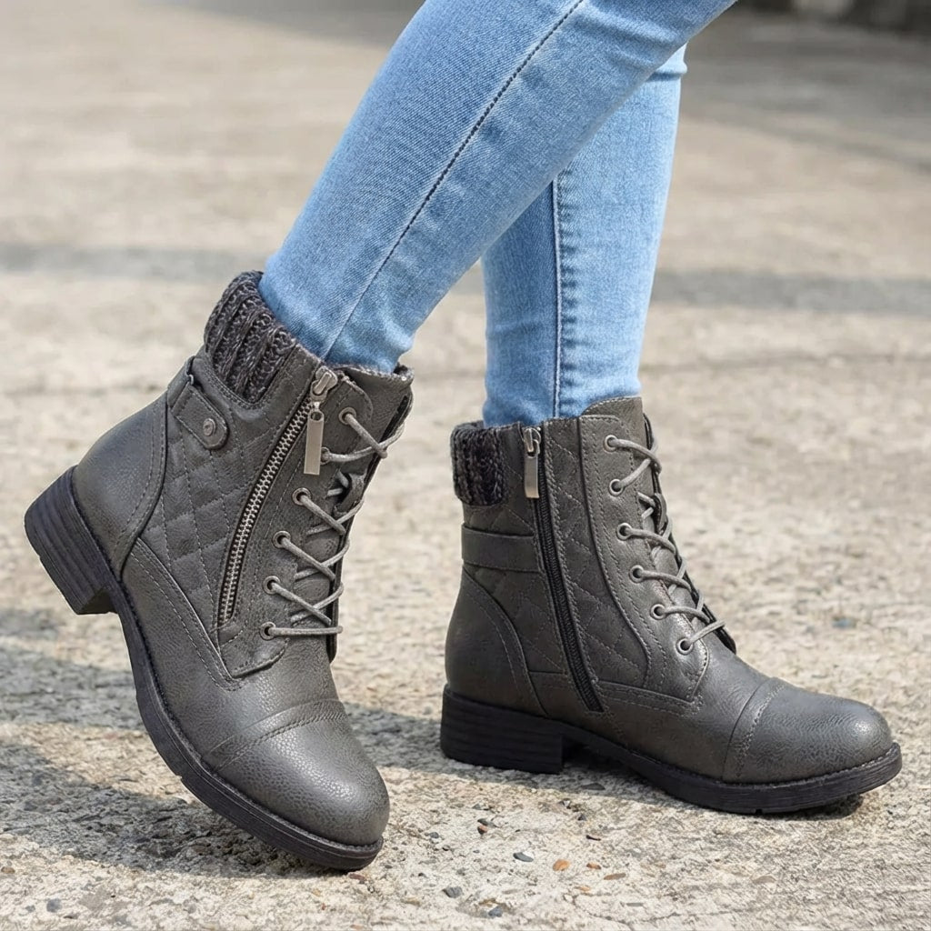 Hazel | Women's Leather Ankle Boots - Quilted Lace Up