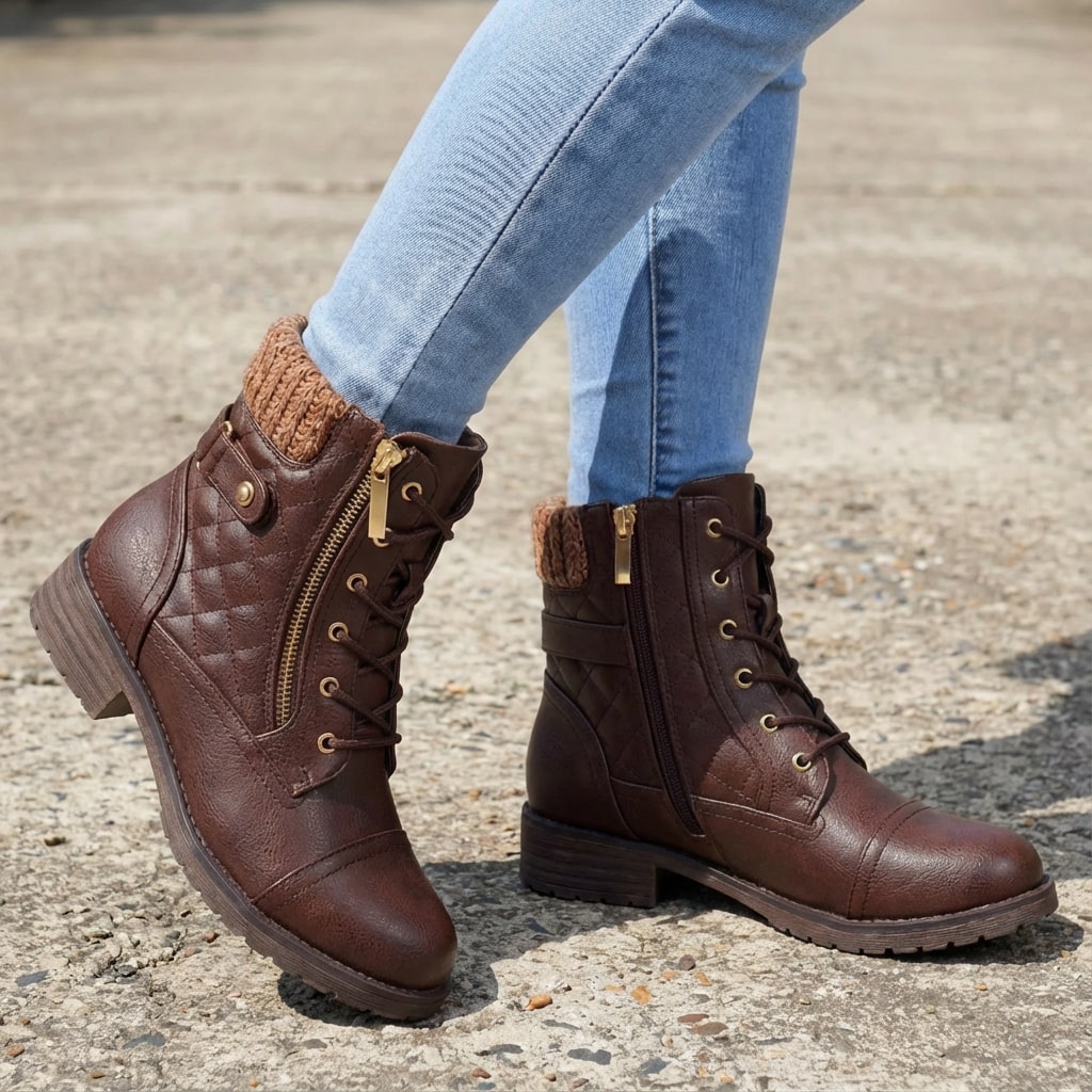 Hazel | Women's Leather Ankle Boots - Quilted Lace Up