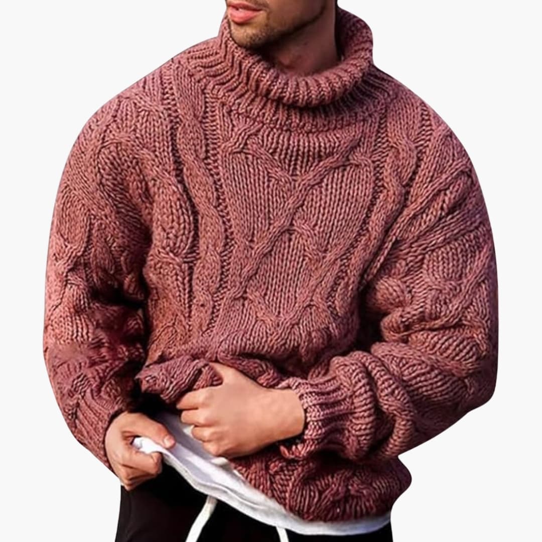 Todd | Men's Cable Knit Turtleneck Sweater - Long Sleeve Ribbed Pullover
