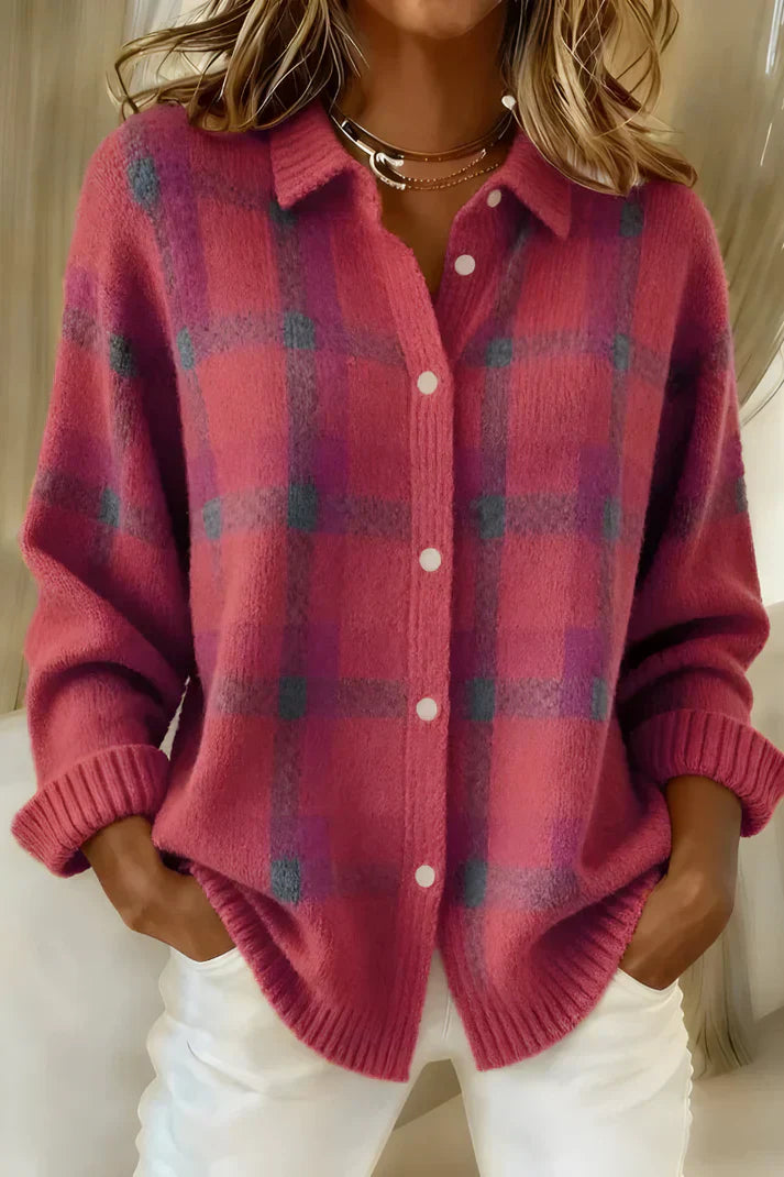 Ines | Women's Long Knit Cardigan Sweater - Collar Button Front