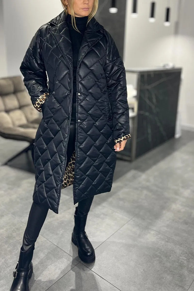 Isla | Reversible Oversized Quilted Long Coat with Leopard Lining