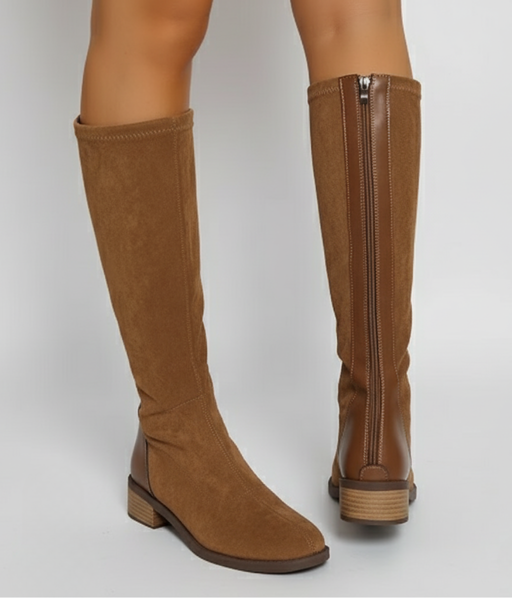 Kella | Women's Suede Knee High Boots - Flat Back Zip