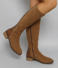 Kella | Women's Suede Knee High Boots - Flat Back Zip
