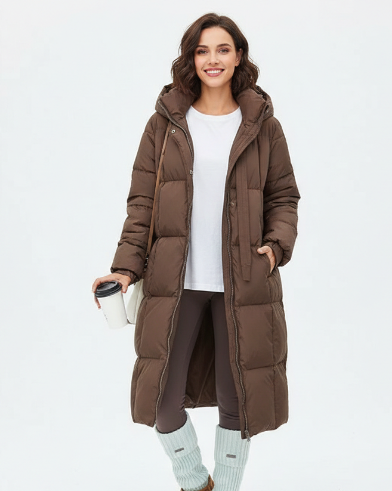 Kelly | Women's Long Hooded Puffer Parka Coat - Relaxed Fit Straight Cut