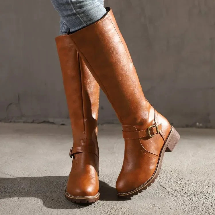 Kira | Women's Faux Leather Knee High Boots - Buckle Strap