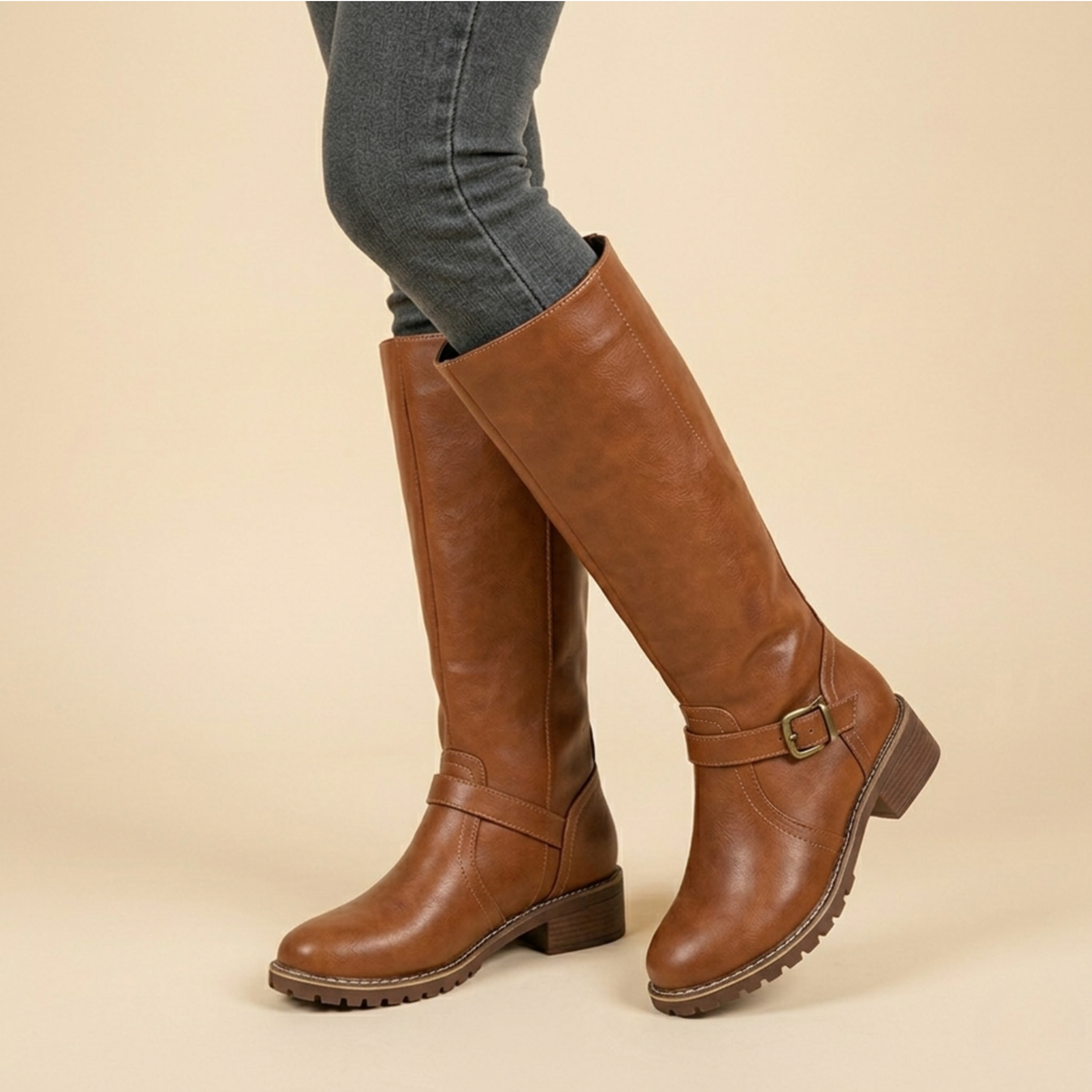 Kira | Women's Faux Leather Knee High Boots - Buckle Strap