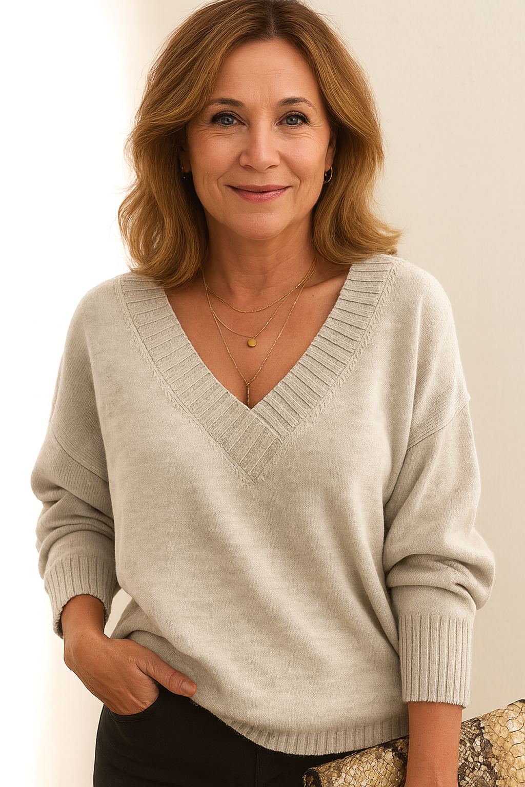 Lara | Flattering Oversized V Neck Sweater with Ribbed Trim