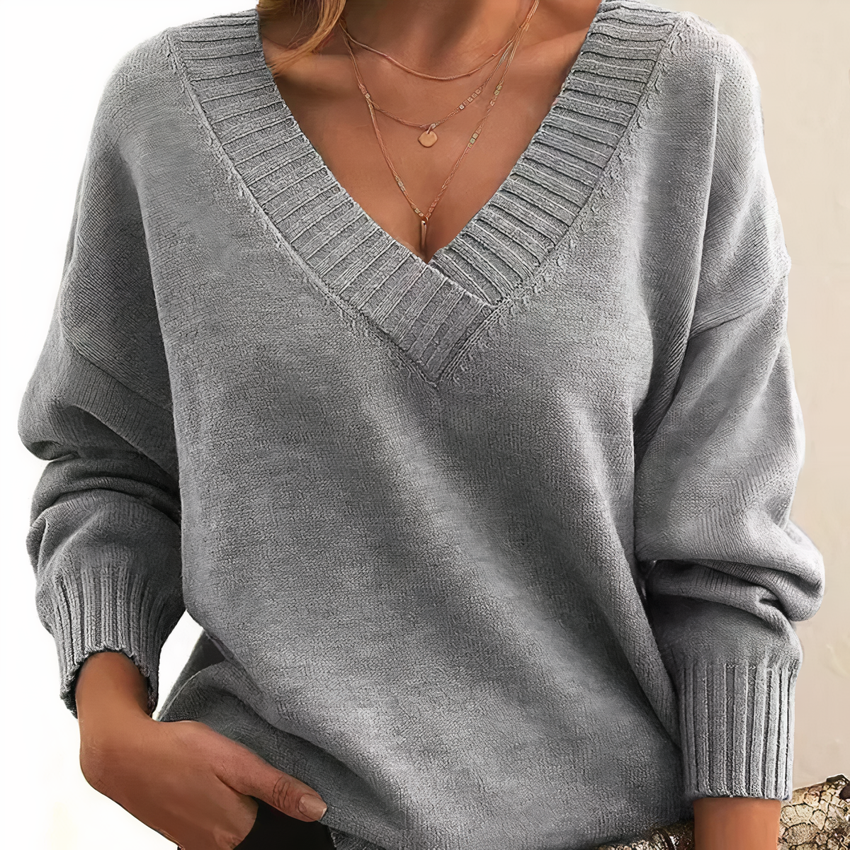 Lara | Flattering Oversized V Neck Sweater with Ribbed Trim