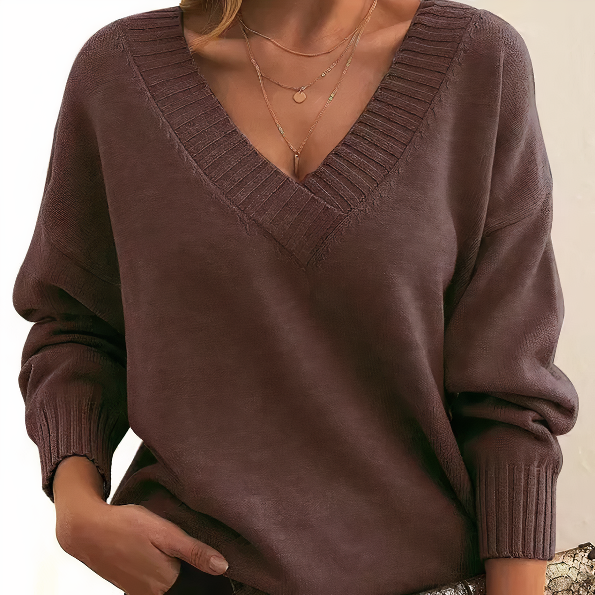 Lara | Flattering Oversized V Neck Sweater with Ribbed Trim