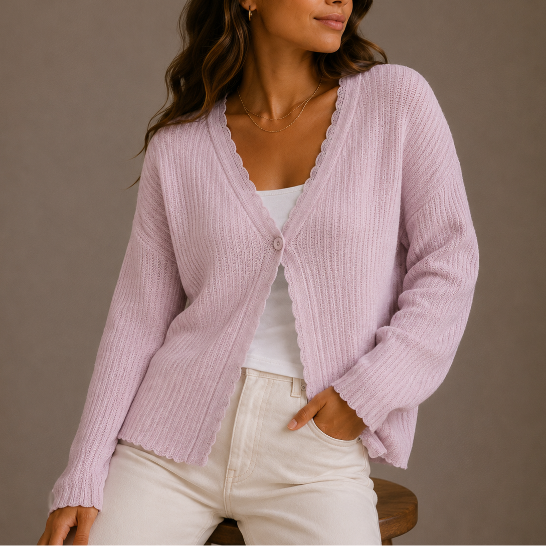 Lila | Women's Cropped Knit Cardigan Sweater - Scallop V-Neckline