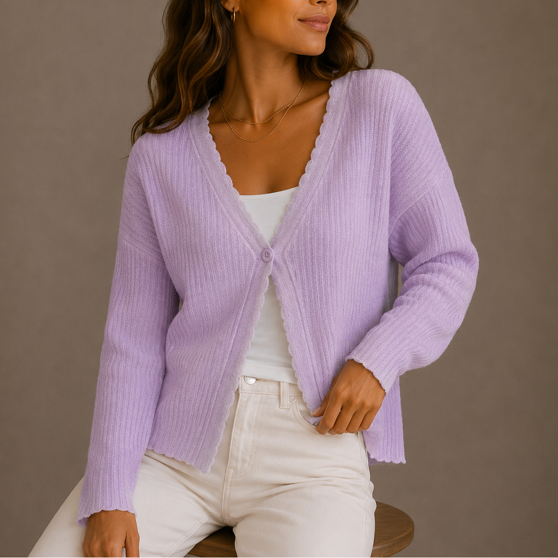 Lila | Women's Cropped Knit Cardigan Sweater - Scallop V-Neckline