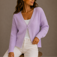 Lila | Women's Cropped Knit Cardigan Sweater - Scallop V-Neckline