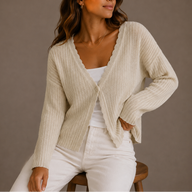 Lila | Women's Cropped Knit Cardigan Sweater - Scallop V-Neckline