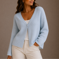 Lila | Women's Cropped Knit Cardigan Sweater - Scallop V-Neckline