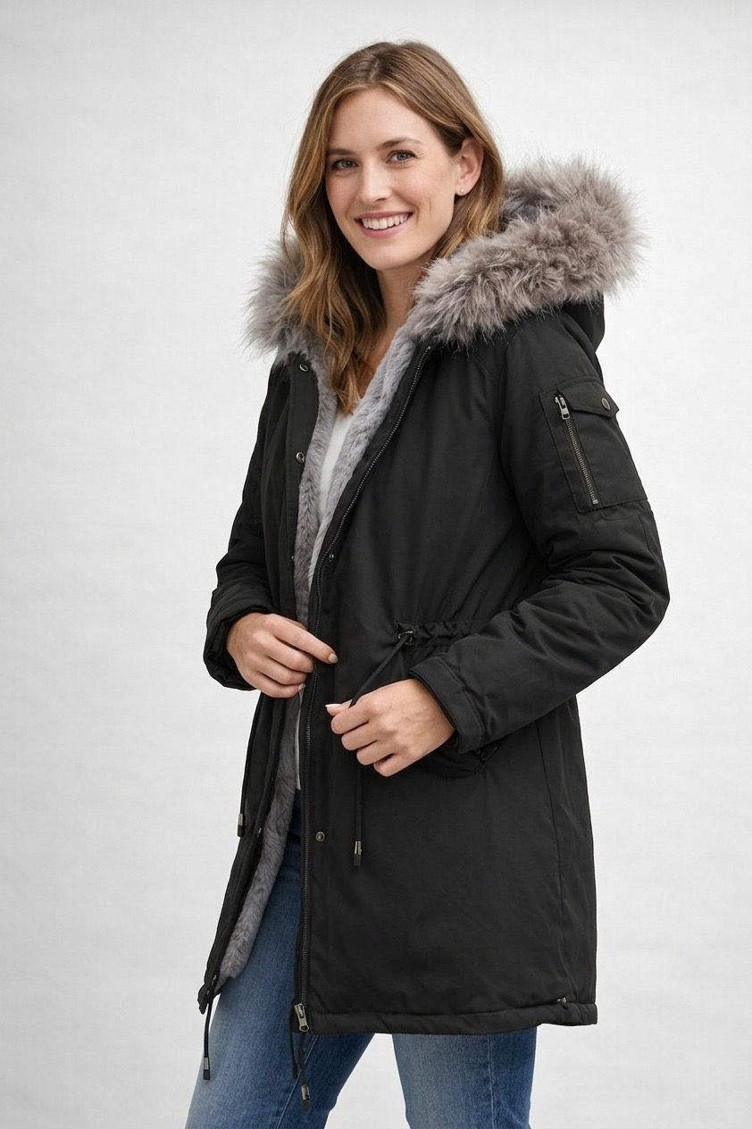 Lindsey | Women's Faux Fur Hooded Parka Coat - Drawstring Waist Snap Front