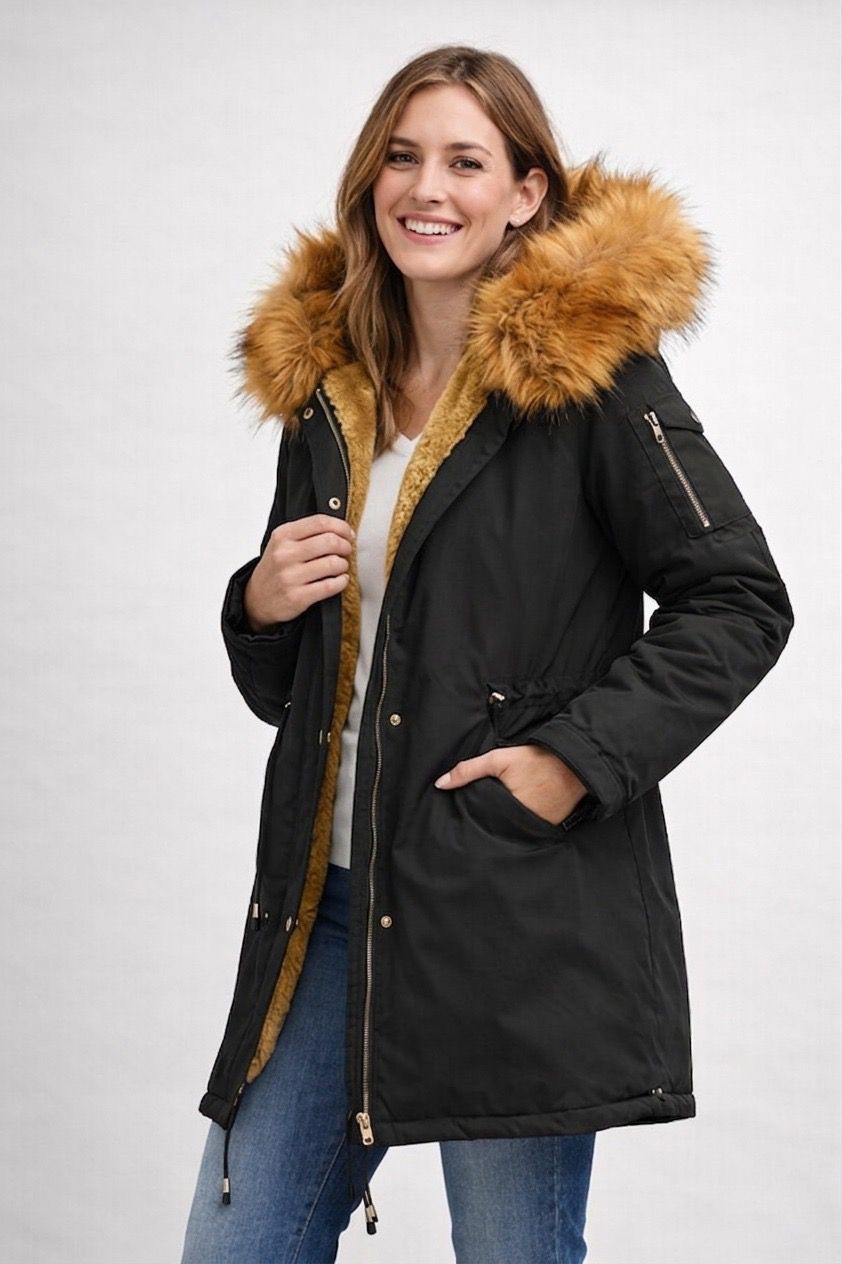 Lindsey | Women's Faux Fur Hooded Parka Coat - Drawstring Waist Snap Front