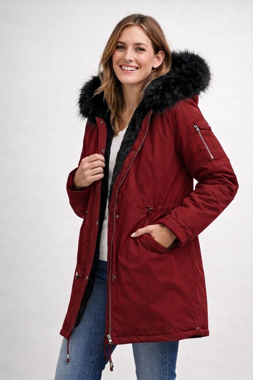 Lindsey | Women's Faux Fur Hooded Parka Coat - Drawstring Waist Snap Front