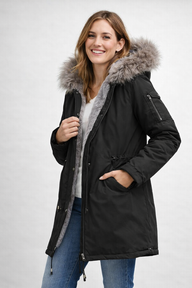 Lindsey | Women's Faux Fur Hooded Parka Coat - Drawstring Waist Snap Front