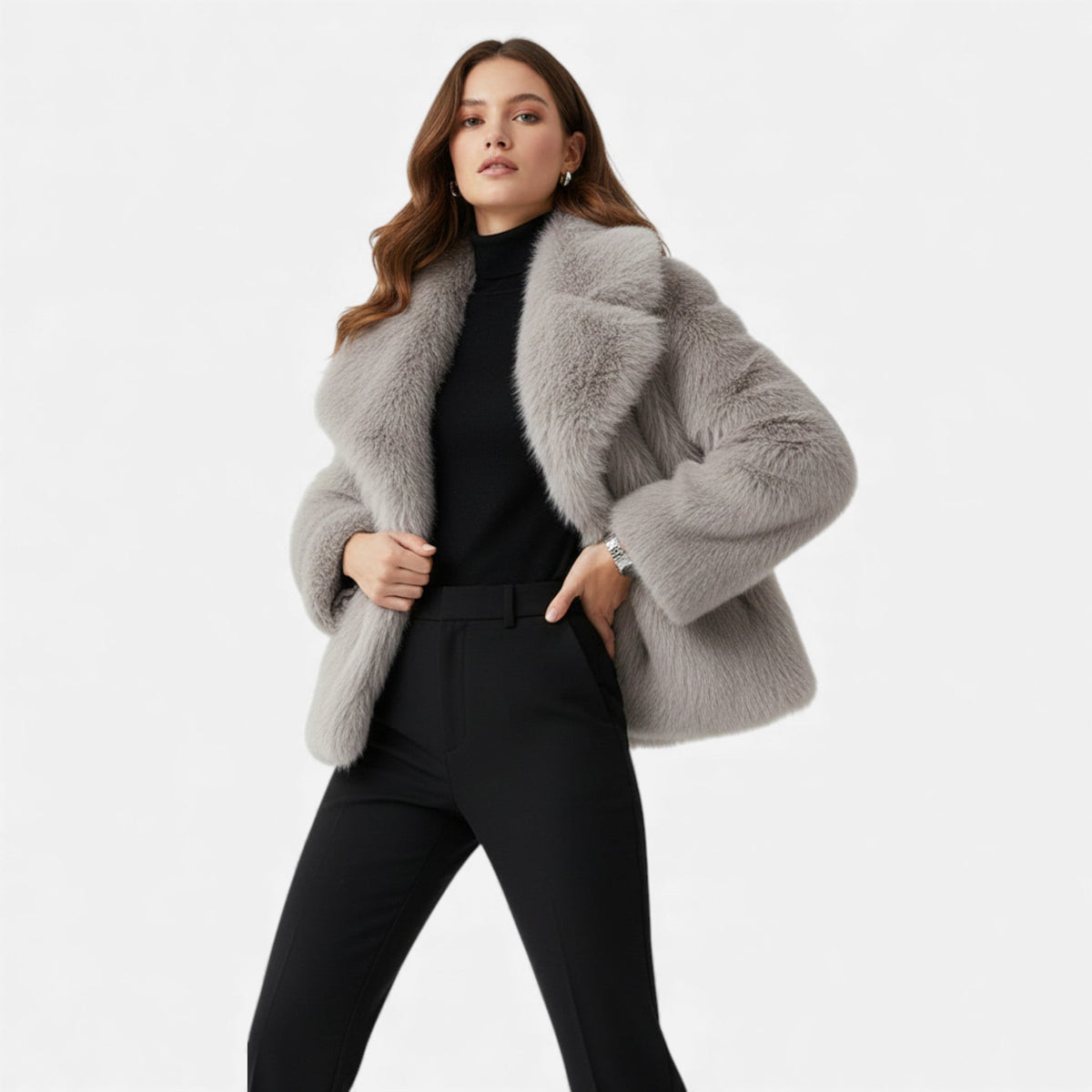 Luma | Women's Cropped Faux Fur Jacket - Wide Lapel Open Front