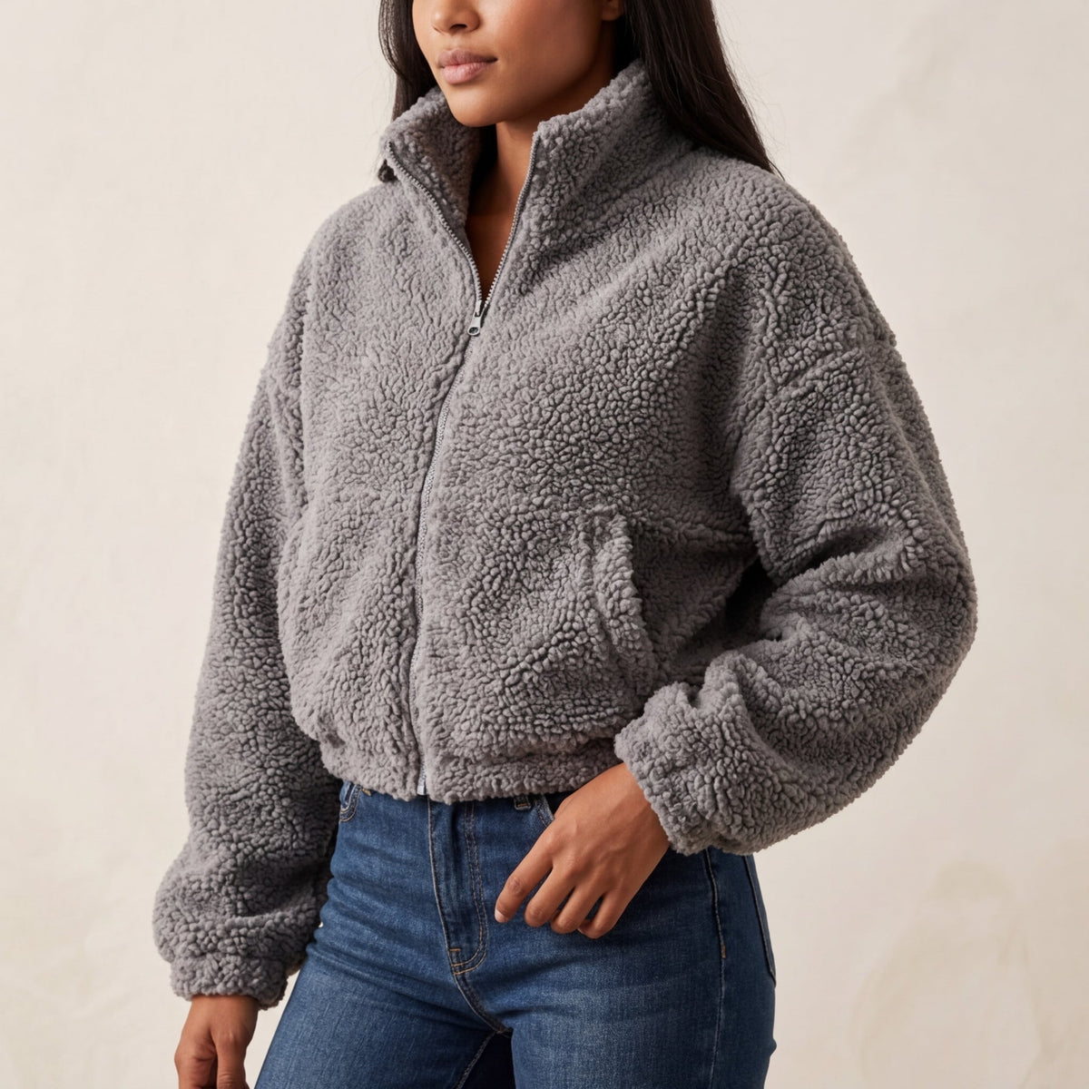 Lyva | Women's Cropped Sherpa Fleece Jacket - Zip Stand Collar