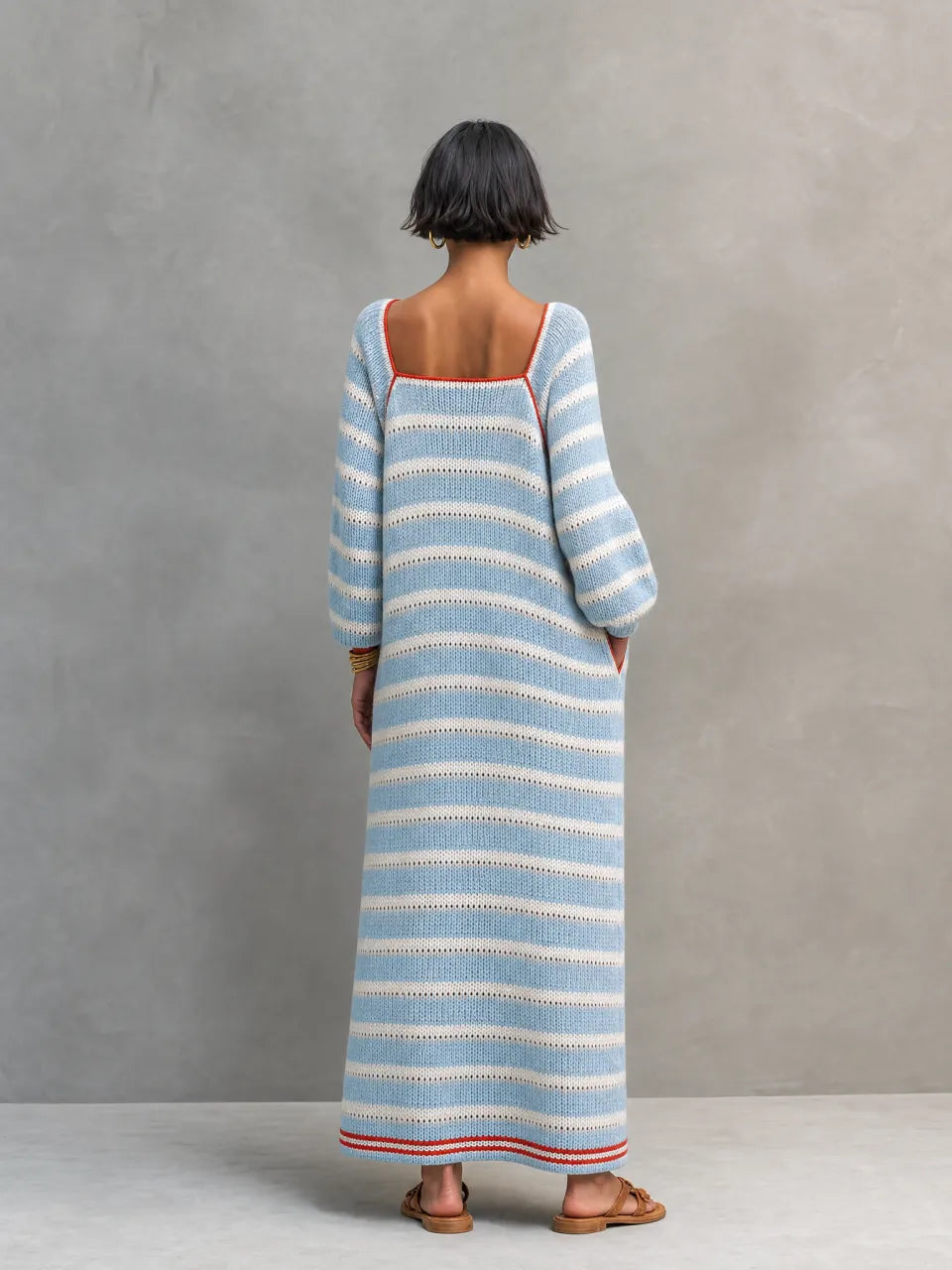 Vida | Women's Striped Knit Sweater Dress - Square Neck Long Sleeve