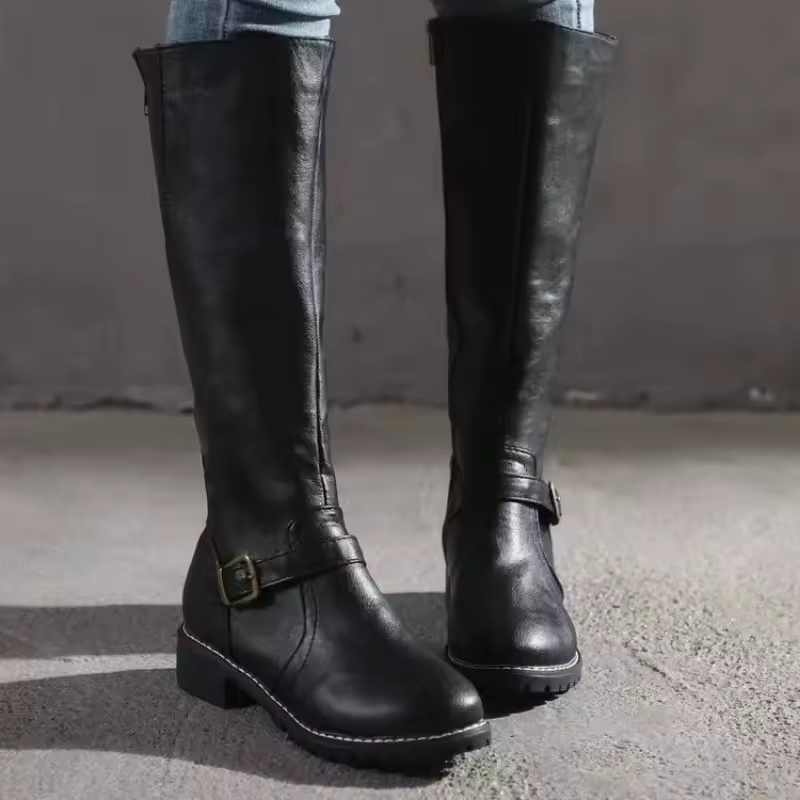 Maeve | Women's Leather Winter Boots - Knee High Heeled Buckle Strap