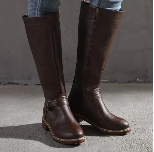 Maeve | Women's Leather Winter Boots - Knee High Heeled Buckle Strap