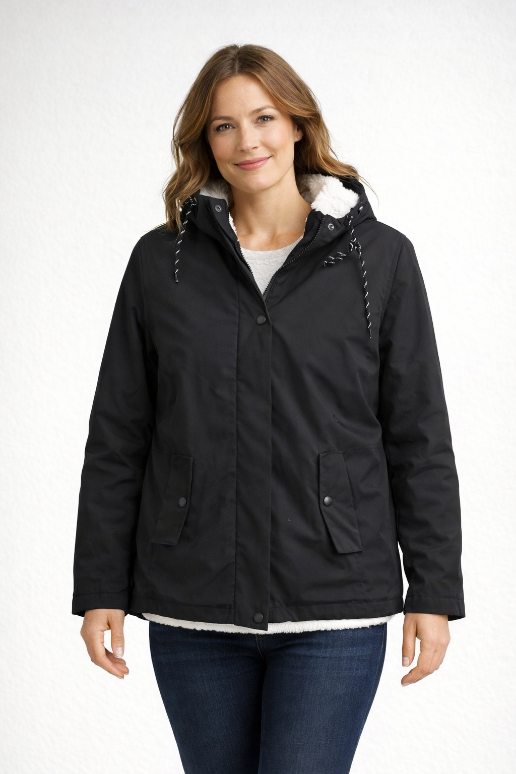 Mandy | Women's Fleece Lined Hooded Parka Jacket - Hip Length Snap Pockets
