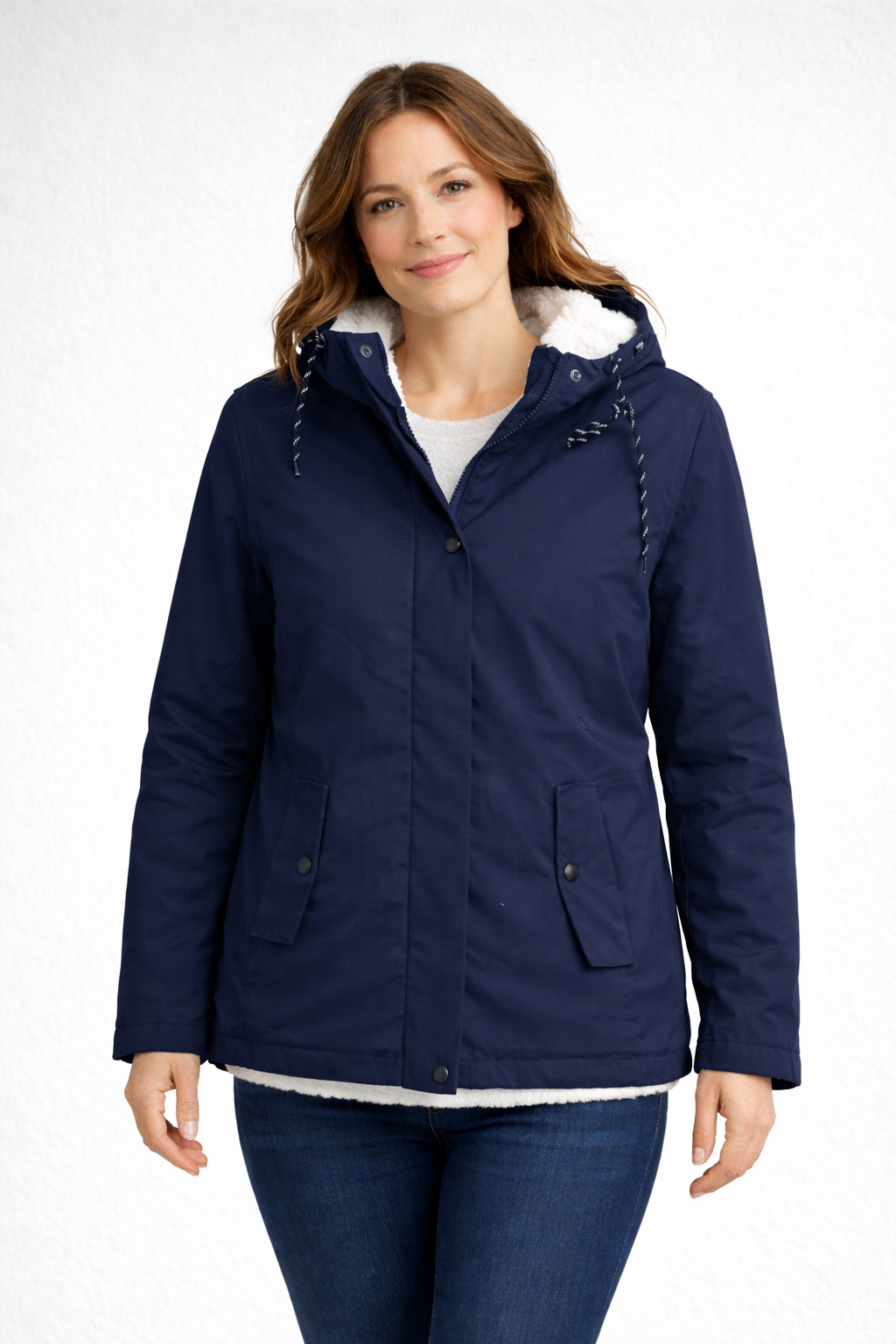 Mandy | Women's Fleece Lined Hooded Parka Jacket - Hip Length Snap Pockets