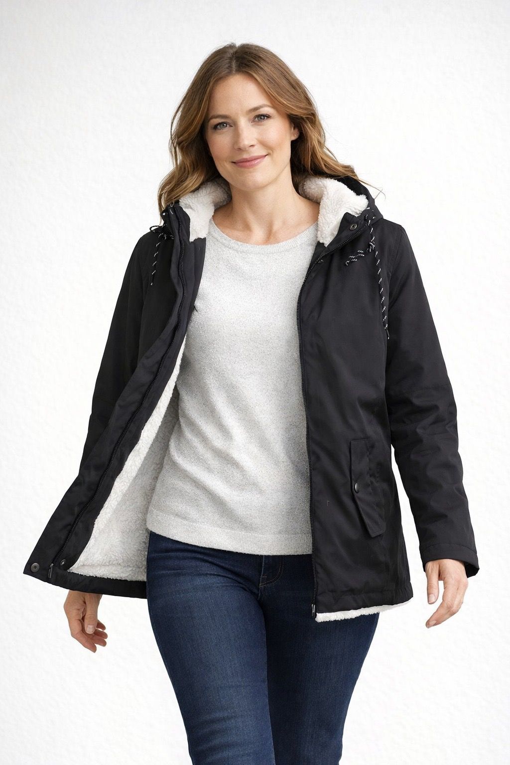 Mandy | Women's Fleece Lined Hooded Parka Jacket - Hip Length Snap Pockets