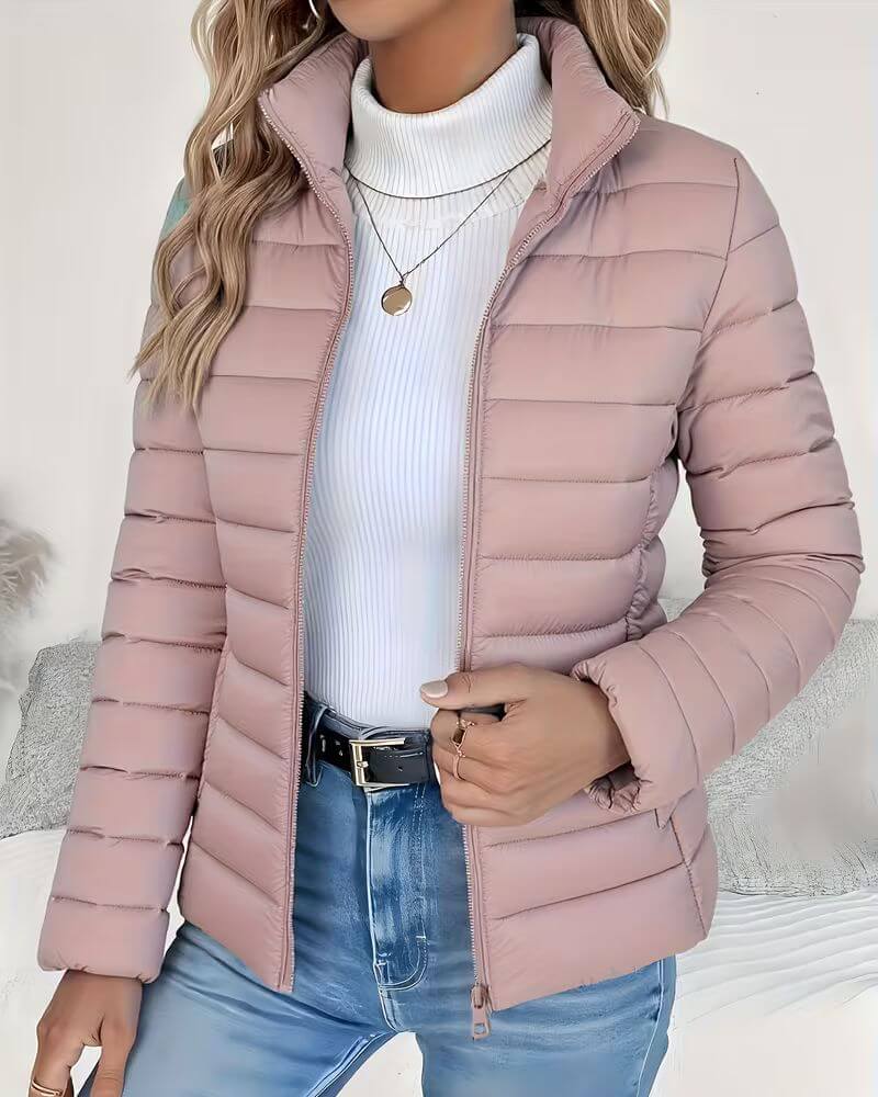 Marigold | Women's Puffer Jacket - Quilted Fitted Stand Collar