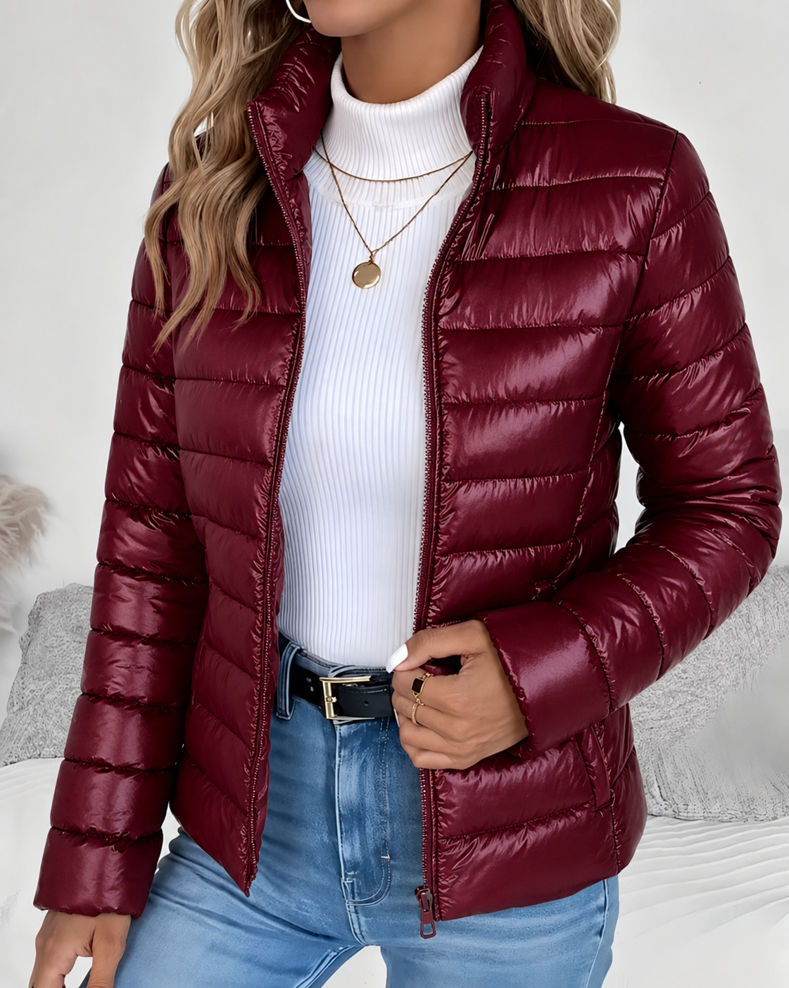 Marigold | Women's Puffer Jacket - Quilted Fitted Stand Collar