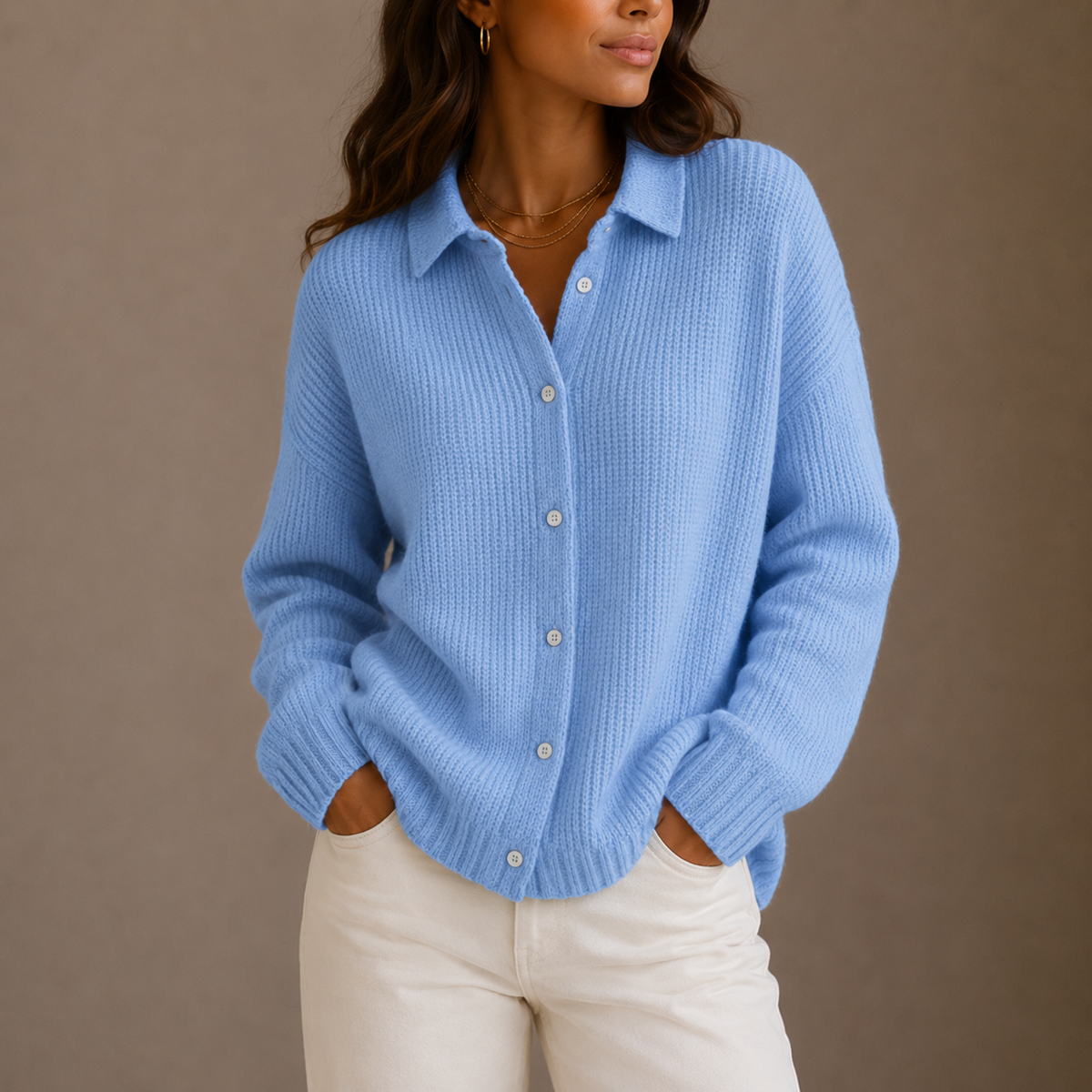 Mave | Women's Chunky Oversized Knit Cardigan Sweater - Collar Button Front