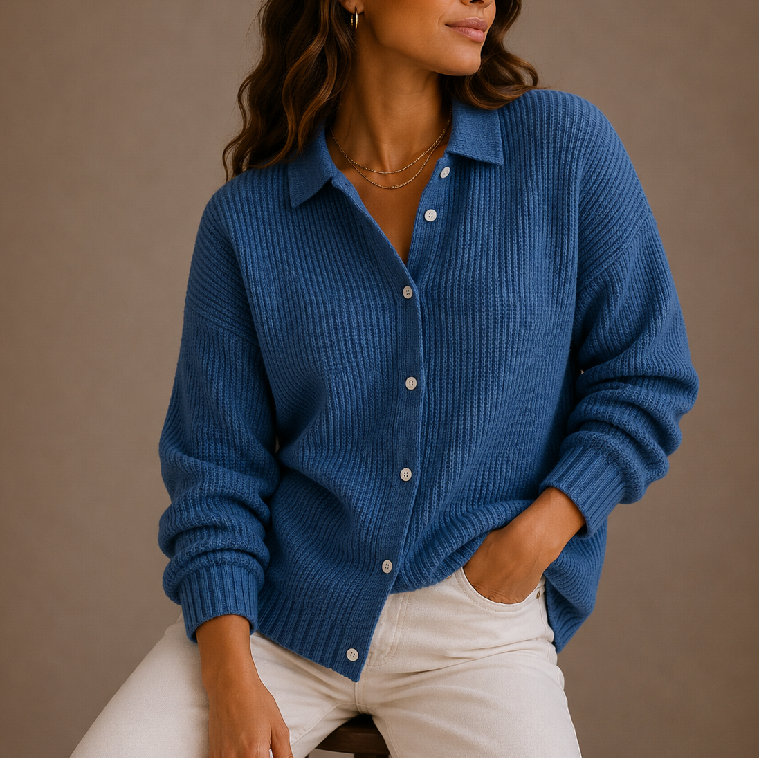 Mave | Women's Chunky Oversized Knit Cardigan Sweater - Collar Button Front