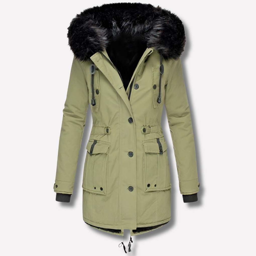 Misty | Women's Faux Fur Trim Hooded Parka Jacket - Button Zip Flap Pockets